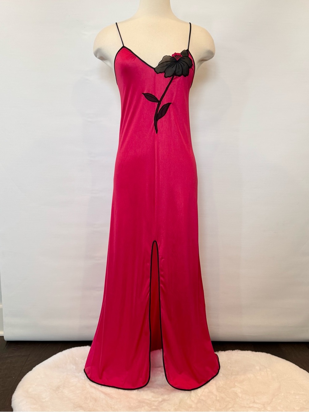 Vintage Silky Liquid Satin Nylon Red Art Deco Floral 70s Maxi Gown Slip Dress - Picture 7 of 11